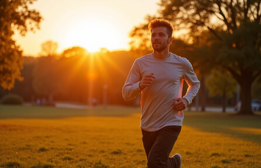 Hombre joven activo corriendo en un parque al atardecer