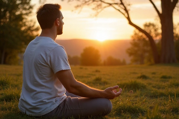 Hombre meditando en la naturaleza al amanecer