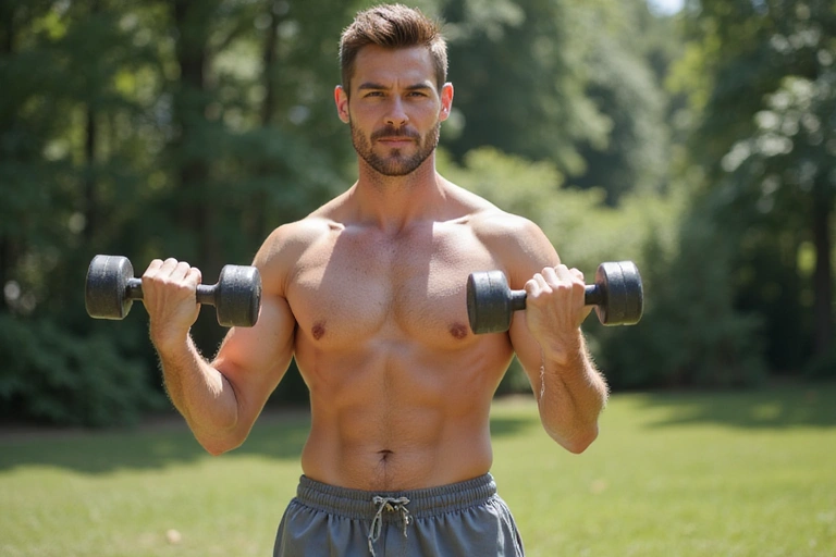 Hombre haciendo ejercicio al aire libre con pesas ligeras