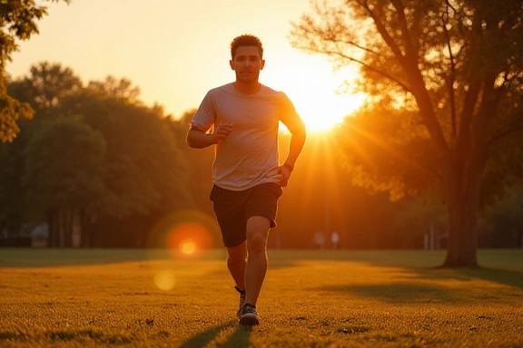 Hombre joven activo corriendo en un parque al atardecer