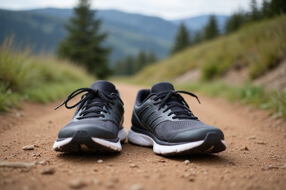 Un par de zapatillas de deporte en un camino de tierra