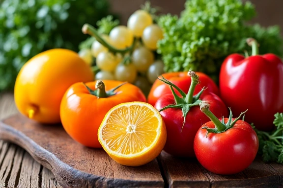 Variedad de frutas y vegetales coloridos en una mesa de madera