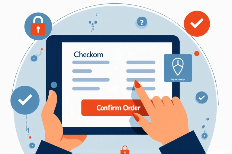 Una persona revisando una lista de verificación en una tableta, con iconos de seguridad y un botón de confirmación grande.